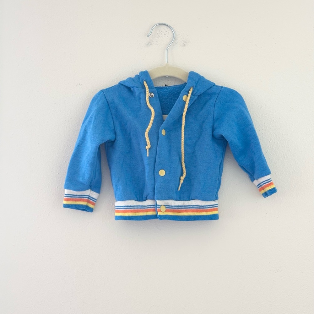 Vintage Blue Hoodie with Rainbow Stripes